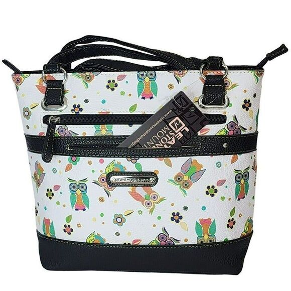Stone Mountain Bonded Leather Printed Owls Megan Tote Shoulder Handbag 8 Pockets - Picture 7 of 12